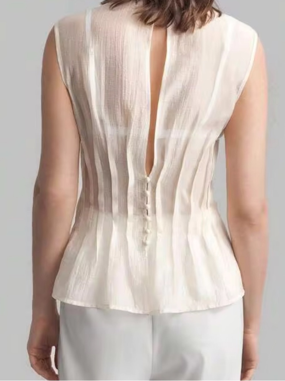 Organza semi sheer Ivory Cream Pleated Women's Top - Picture 5 of 7